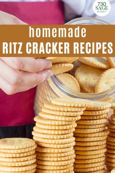 homemade ritz cracker recipe in a jar with text overlay that reads homemade ritz cracker recipes