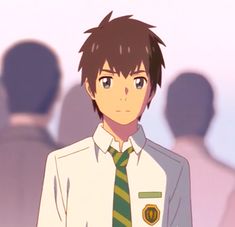 an anime character wearing a white shirt and green tie with other people in the background