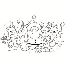 santa claus surrounded by reindeers with candy cane and candies for christmas coloring page