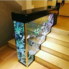 a fish tank sitting on top of a set of stairs