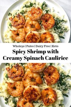 shrimp with creamy spinach cauliflower is served on top of rice and garnished with parsley