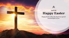 a cross on top of a hill with the sun setting in the background and happy easter message