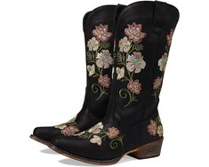 Women's Roper Riley Floral Spring Rodeo Moto Boots With Round Toe, Spring Western Moto Boots With Round Toe, Spring Western Ankle Moto Boots, Spring Western Style Moto Boots With Round Toe, Western Style Moto Boots With Round Toe For Spring, Western Style Moto Ankle Boots For Spring, Country Style Leather Boots For Spring, Bohemian Fall Boots With Floral Embroidery, Bohemian Boots With Floral Embroidery For Fall