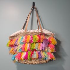 House Of Mua Mua Rainbow Market Rafia Fringe Tote Bag Nwt Multicolor Top Handle Shoulder Bag For Vacation, Multicolor Satchel Hobo Bag For Vacation, Multicolor Top Handle Bag For Vacation, Multicolor Straw Beach Bag With Removable Pouch, Multicolor Straw Bag With Removable Pouch For Beach, Multicolor Hobo Bag With Removable Pouch For Vacation, Bohemian Beach Bag With Removable Pouch For Shopping, Multicolor Top Handle Beach Bag For Shopping, Multicolor Straw Tote Bag With Removable Pouch