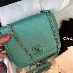 ***No Trade*** Authentic And In Amazing Condition! Tiffany Blue/Spearmint Green Turquoise. This Is A Beautiful *Authentic* Chanel Cc Front Flap Stitched Calfskin Bag With Chanel Dustbag, Box & Ribbon/Camellia! W 7.5” H 6” Chain 23” Drop - I Am 5’6” And Sits Right At Hip As A Crossbody! In Excellent Condition!!! Green Chanel, Box Ribbon, Mini Camera, Tiffany Blue, Green Turquoise, Bago, Camera Bag, Calf Skin, Dust Bag