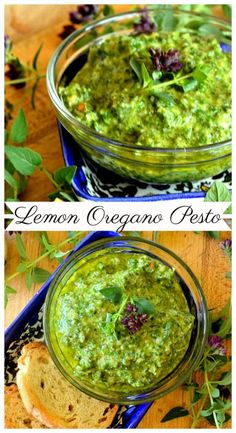 two bowls filled with pesto and bread