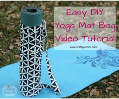 a yoga mat bag sitting on the ground next to a roll of blue fabric with an easy diy yoga mat in it