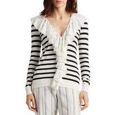 Brand New With Tag Pale Cream/Polo Black A Stretch-Infused Cotton Blend Lends A Comfortable Feel And A Soft Hand To This Striped Cardigan, Which Features A Statement-Making Cascading Ruffle Along The Placket. Slim Fit; Intended To Hit At The Hip V-Neck Buttoned Placket Ruffle Trim Pearlized "Lauren Ralph Lauren"-Engraved Buttons Long Sleeves With Ribbed Cuffs Ribbed Hem Nylon; Elastane Top Rated Seller Fast Shipping Smoke Free Reasonable Offers Considered : Gift Athletic Holiday Luxury Ladies Wo Lauren White, Button Cardigan, Ralph Lauren Sweater, Cardigan Fashion, Striped Cardigan, Ralph Lauren Womens, Striped Sweater, Ribbed Sweater, Ruffle Trim