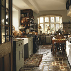 an old fashioned kitchen with stone flooring and large windows