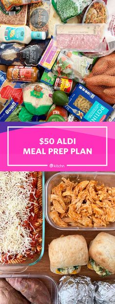 an image of meal prep with text overlay that reads $ 50 aldi meal prep plan