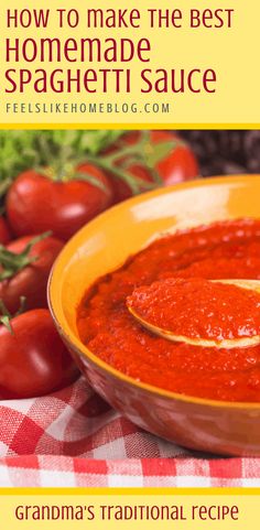 a bowl of homemade spaghetti sauce with tomatoes in the background