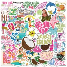 a bunch of stickers that are on top of a white surface with the words beach bum