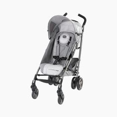 the baby stroller is grey and has wheels