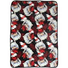 an anime character print blanket with red and white flowers on black background, the image shows a