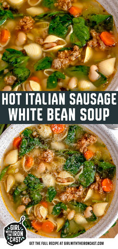 two bowls of italian sausage white bean soup with spinach, carrots and other vegetables