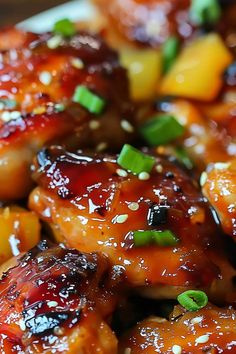 chicken with pineapple sauce and green onions on a plate