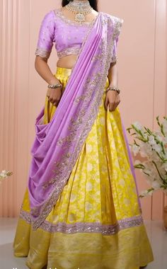 Purple Langa Voni, Pattu Lengha, Pattu Langa Voni Half Saree, Halfsarees Traditional, Half Saree Models Latest, Pattu Lehenga Half Saree, Langa Voni Half Saree, Haldi Ideas, Lavender Lehenga