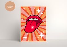 a painting of a red tongue with stars on it's side and an orange background