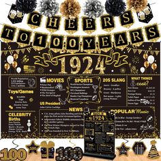 a black and gold 50th birthday party poster with the words cheers to 10 years on it