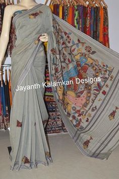 Handloom cotton pen kalamkari applique work saree Designer Unstitched Saree With Kalamkari Print, Designer Kalamkari Print Saree, Designer Kalamkari Print Semi-stitched Saree, Beautiful Saree