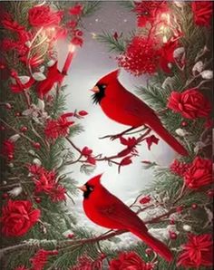 two red birds sitting on top of a tree filled with leaves and flowers next to each other