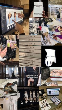 a collage of photos with various items and people around them, including books on the table