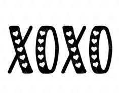 the word xoxo with hearts is shown in black and white, as well as an