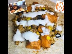 a taco filled with meat and vegetables covered in white sauce next to pictures of children