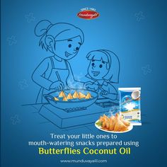 an advertisement for butterfits coconut oil with two children cooking in the background and text that reads treat your little ones to mouth - watering snacks prepared using