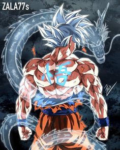 an anime character is standing in front of a blue and white dragon with his hands on his hips