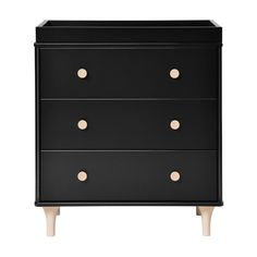 a black dresser with three drawers and two knobs on the bottom, in front of a white background