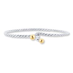 This stylish bangle bracelet for her is crafted of sterling silver designed to look like a rope. Spheres of 14K yellow gold adorn each end of the hook and eye clasp. Bracelet Sphere, Modern Silver Jewelry, Bracelet For Her, Gold Stock, Jewelry Advice, Gold And Silver Bracelets, The Hook, Bracelet Sterling Silver, Sea Glass Jewelry