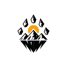 an abstract mountain logo with the sun in the middle and mountains around it, on a white background