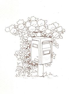 a drawing of a mailbox in the middle of some bushes and trees with flowers growing out of it