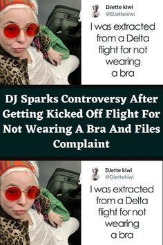 a woman wearing red glasses and a leopard print scarf with the words dj sparks controversy after getting kicked off flight for not wearing bra