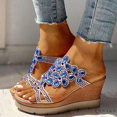 Lasaky - Elegant High-Heeled Sandals with Thick Heels and Round Toes Rhinestone Shoes, Wedges Style, High Heel Wedges, Chunky Heels Sandals, Slingback Sandals, Buckle Shoes, Wedge Heel Sandals, Casual Heels, Round Toe Heels