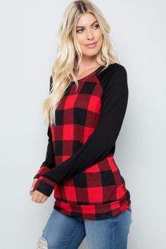 Melissa Buffalo Check LS Sweater - Jolie Vaughan | Online Clothing Boutique near Baton Rouge Buffalo Plaid Pattern, Check Tops, Round Neck Top, Plus Sized, Form Fitting Dress, Chic Top, Women Long Sleeve Tops, Running Tops, Long Sleeve Knit Tops