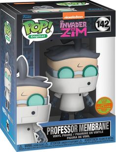 a pop vinyl figure in a box with an image of professor memebrane