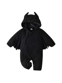 a black baby romper with an open hood and wings on the front, sitting in front of a white background