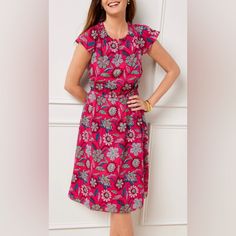 This Dress Features A Bold Floral Print In Shades Of Mint, Light Pink, White, Black, Red, And Blue On Deep Pink. Flutter Sleeves That Are Smocked At Neckline. Split Neck. Elastic At Waist. Lightweight Cotton Voile. Fully Lined. Pullover Style. O89 Linen Sheath Dress, Mixed Print Dress, Flare Midi Dress, Cotton Shift Dress, Elastic Waist Dress, Bold Floral Print, Midi Shift Dress, Blue Striped Dress, Cotton Blends Dress