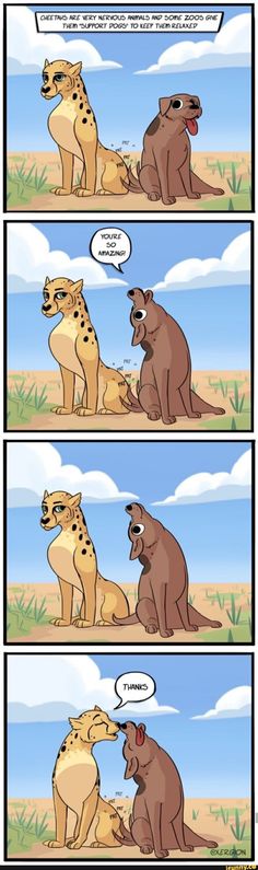 the comic strip shows two different types of animals and one is talking to each other