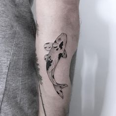 a black and white koi fish tattoo on the arm