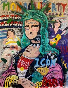 an image of the statue of liberty painted on a wall with many other pictures and words