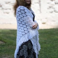 White lace wedding crocheted shawl/wrap/scarf/bactus with fringe for winter fall autumn spring 100% Hand Made Size: Length - top 75" / 192cm, Center height 41'' / 105cm + Fringe 4''  / 10cm 40% wool; 60 % acrylic Have time to order now. Your custom orders are welcome. Please message me for your custom inquiries. Hand wash with cold water (<30C), dry flat. Thank you for visiting my shop :) Air delivery from Latvia by registered mail with tracking & insurance. White lace wedding crocheted shawl/wr Crocheted Shawl, Wrap Scarf, Shawl Wrap, Latvia, Shawls And Wraps, Fall Autumn, White Lace, Scarf Wrap, Custom Orders