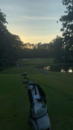 a golf bag sitting on top of a lush green field next to a lake at sunset