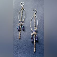 Exquisite Swarovski Crystals With Sterling Silver Findings & Chain Dangle Earrings. Purple & Clear Swarovski Crystals Dangle Earrings. Handcrafted Jewelry Unique Earrings Extra Long Earrings, Beads Bracelet Design, Earrings Purple, Crystal Dangle Earrings, Bracelet Design, Jewelry Unique, Design Jewelry, Beads Bracelet, Unique Earrings