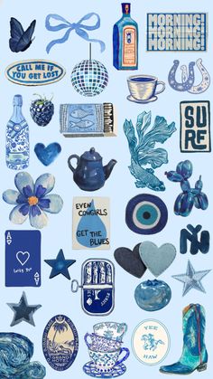 an assortment of blue and white items on a light blue background with the words morning sunshine