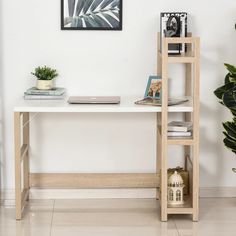 a desk with a plant and pictures on the wall