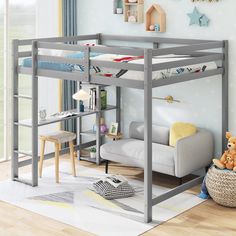 a child's loft bed in a room with blue walls and white carpeting