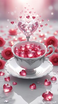 a bowl filled with pink hearts sitting on top of a saucer next to roses